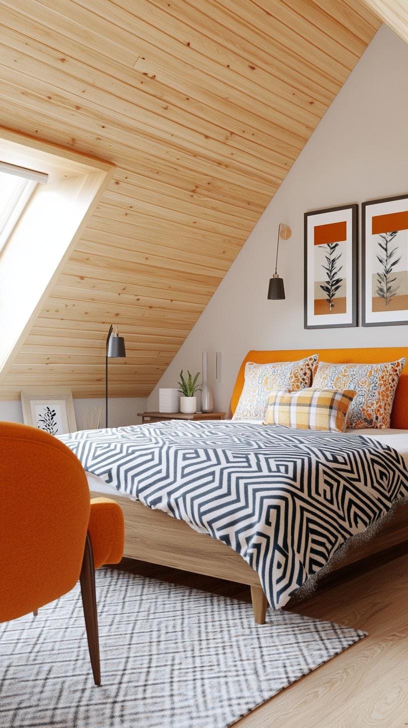 6. Achieve mid-century modern vibes using walnut furnishings, geometric patterns, and burnt orange accents-1