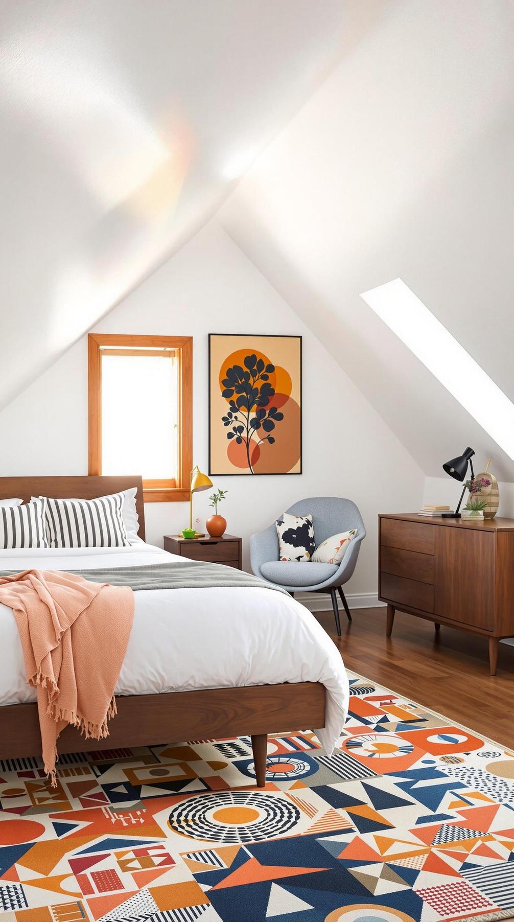 6. Achieve mid-century modern vibes using walnut furnishings, geometric patterns, and burnt orange accents-2