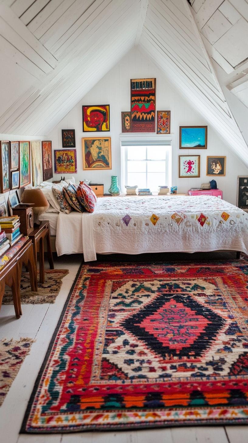 13. Add artistic flair with a gallery wall of eclectic art and mismatched, vibrant Persian rugs-0