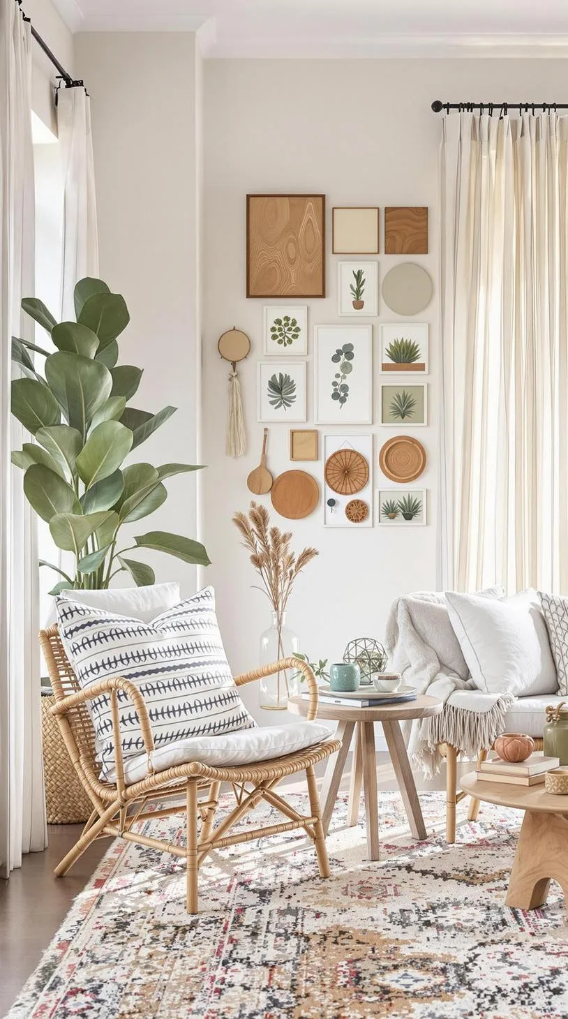 23 Unique Boho Farmhouse Living Room Ideas To Copy 52 17. Airy Nook: Opt for translucent drapes and handwoven chairs, alongside a gallery wall of organic patterns to invite an open feel-0