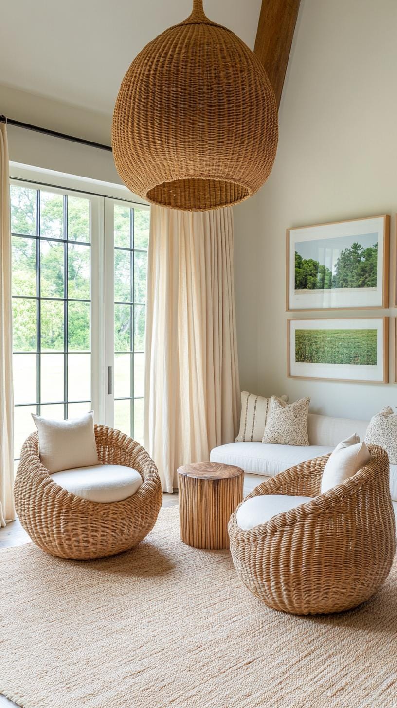 17. Airy Nook: Opt for translucent drapes and handwoven chairs, alongside a gallery wall of organic patterns to invite an open feel-2