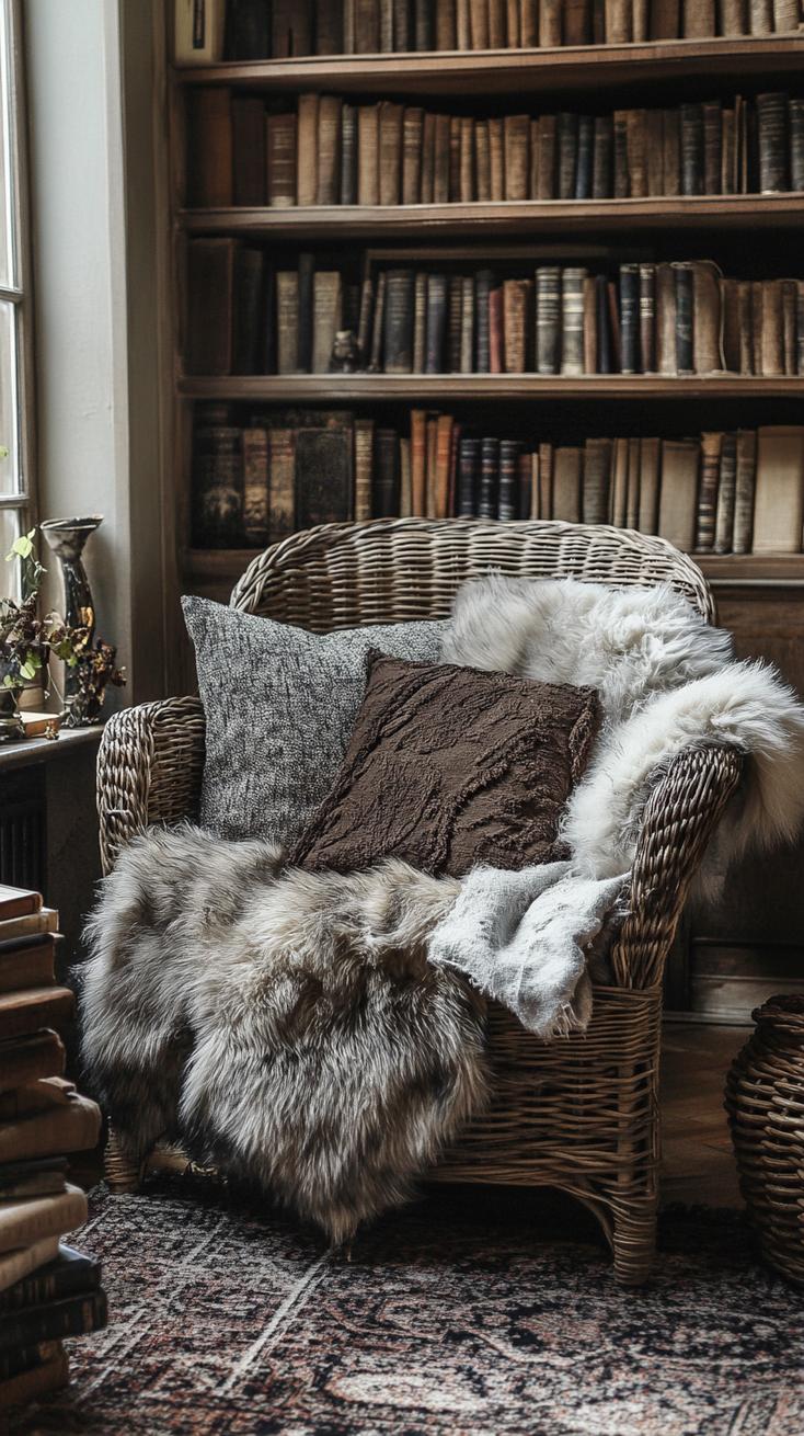 10. An oversized woven rattan chair with plush faux fur throws and a nearby stack of ancient leather-bound books-0