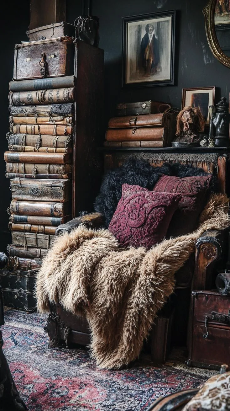 10. An oversized woven rattan chair with plush faux fur throws and a nearby stack of ancient leather-bound books-1
