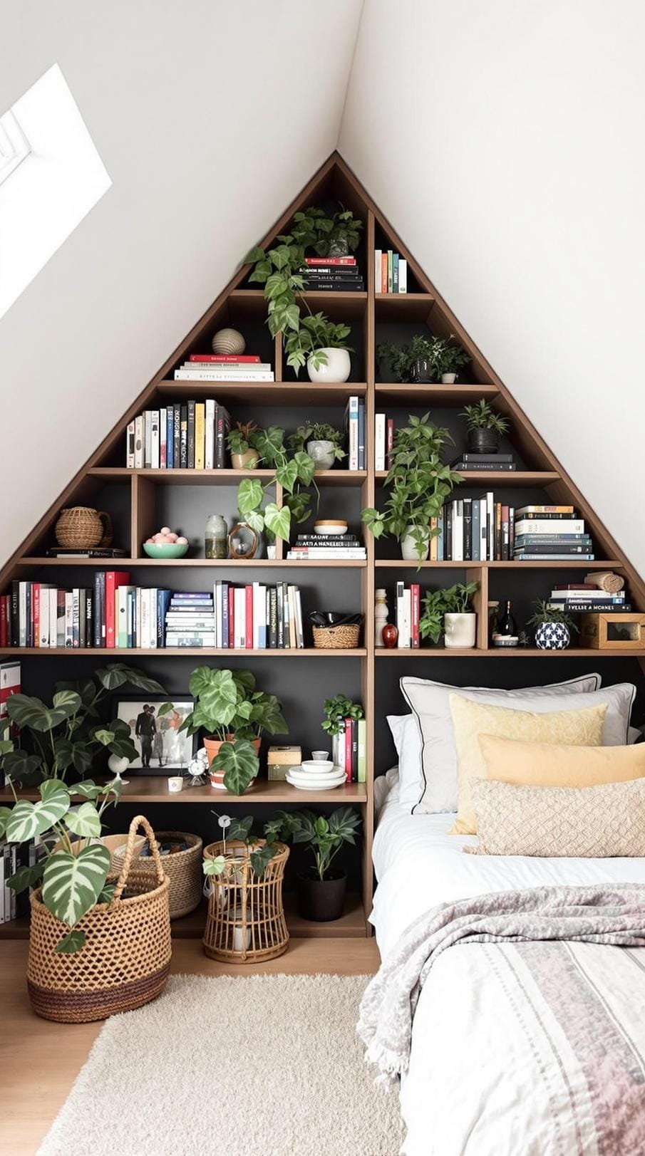 11. Angled Bookcase along Sloped Ceiling: Maximize odd corners with custom angled shelving-0