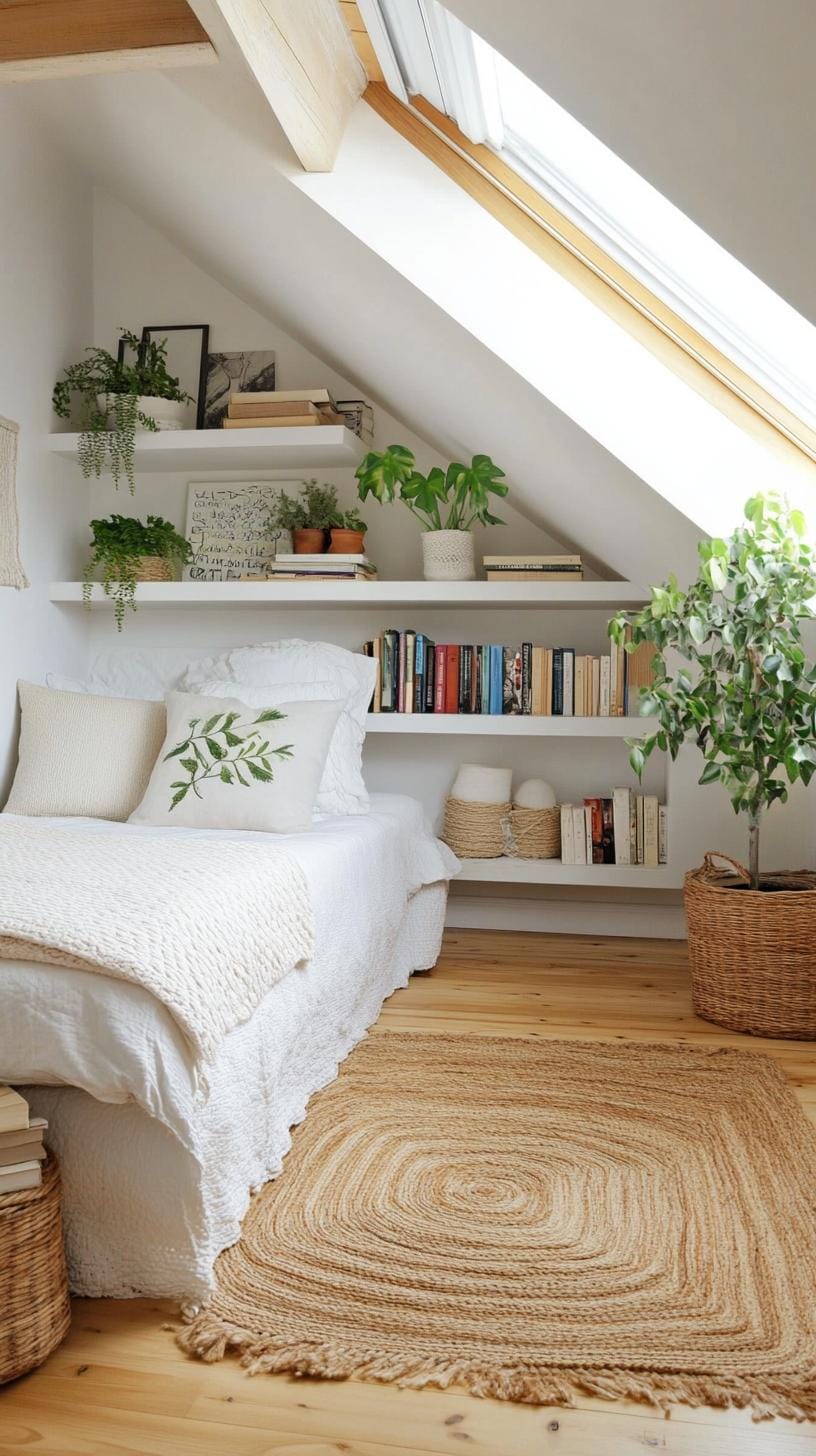 11. Angled Bookcase along Sloped Ceiling: Maximize odd corners with custom angled shelving-1