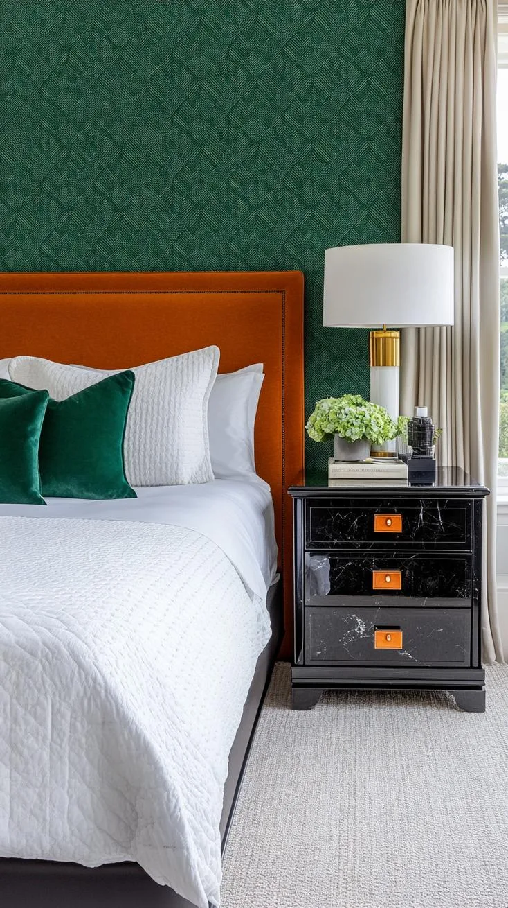 6. Art Deco Luxe: Utilize green geometric wallpaper with black marble side tables for a nostalgic glamour vibe-1