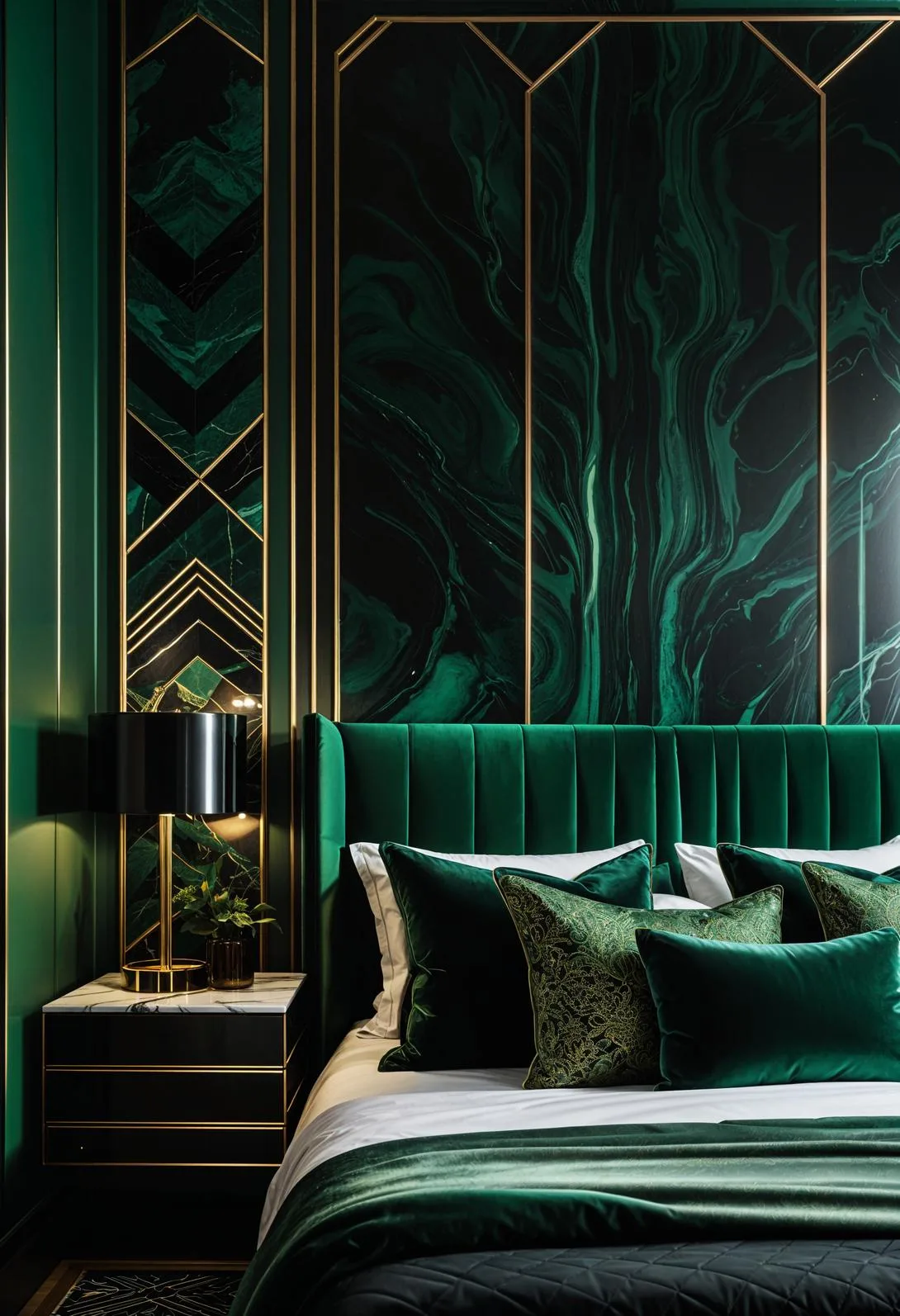 6. Art Deco Luxe: Utilize green geometric wallpaper with black marble side tables for a nostalgic glamour vibe-2