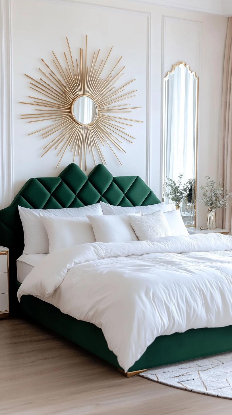 6. Art deco haven with a sage green velvet headboard and geometric patterns-2