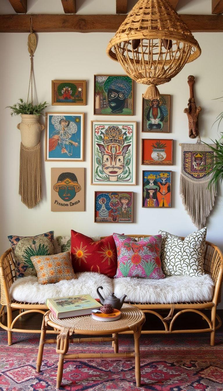 3. Artisanal Whimsy: Install hand-carved wall hangings and a gallery wall of eclectic artworks above a rattan sofa topped with plush, oversized cushions-0