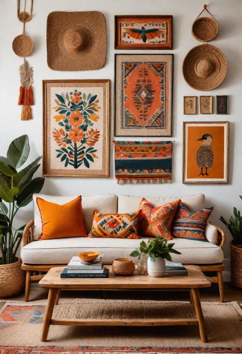 3. Artisanal Whimsy: Install hand-carved wall hangings and a gallery wall of eclectic artworks above a rattan sofa topped with plush, oversized cushions-1