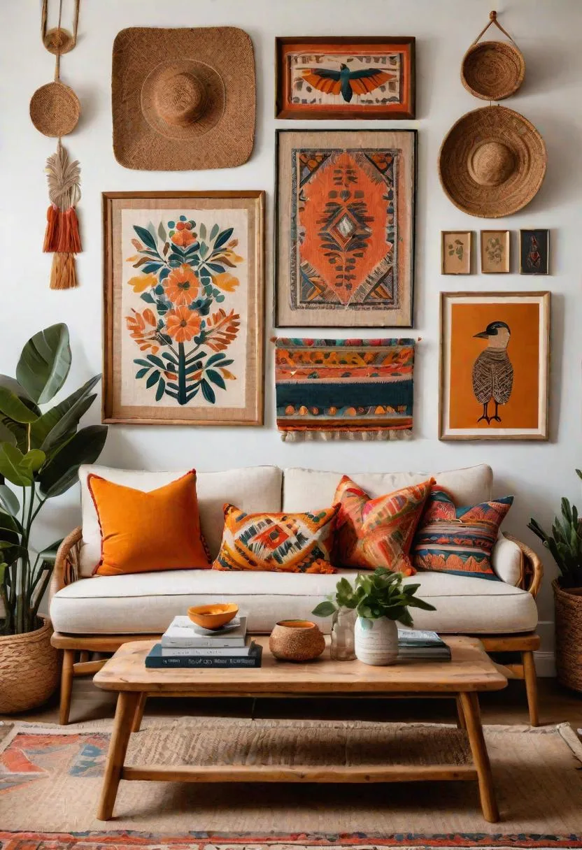 23 Unique Boho Farmhouse Living Room Ideas To Copy 9 3. Artisanal Whimsy: Install hand-carved wall hangings and a gallery wall of eclectic artworks above a rattan sofa topped with plush, oversized cushions-1