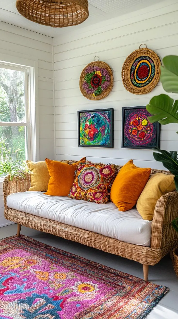 23 Unique Boho Farmhouse Living Room Ideas To Copy 10 3. Artisanal Whimsy: Install hand-carved wall hangings and a gallery wall of eclectic artworks above a rattan sofa topped with plush, oversized cushions-2