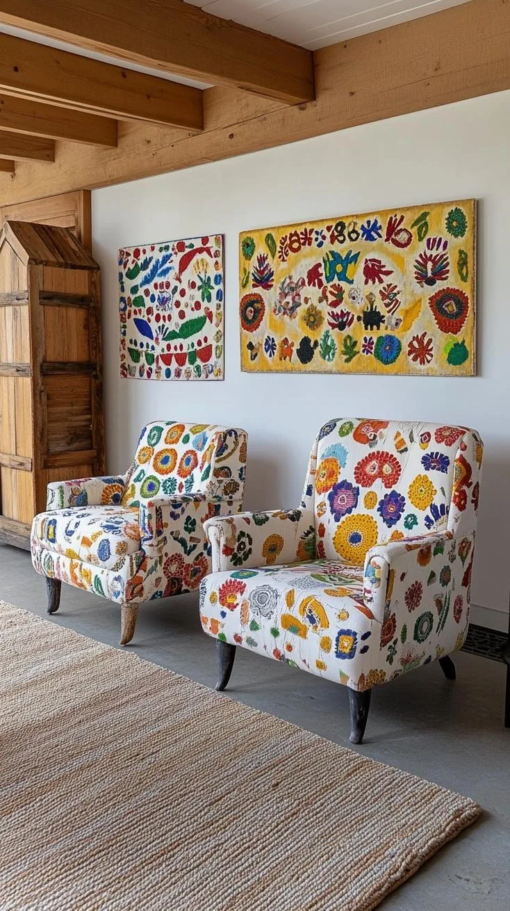 23 Unique Boho Farmhouse Living Room Ideas To Copy 71 23. Artistic Ambiance: Play with different patterns and designs, opting for painted walls depicting abstracts, as well as furniture with carved details-0