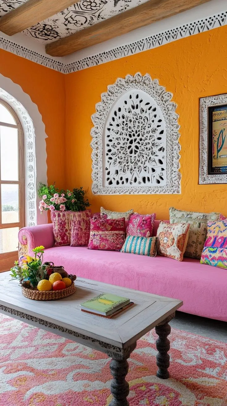 23 Unique Boho Farmhouse Living Room Ideas To Copy 73 23. Artistic Ambiance: Play with different patterns and designs, opting for painted walls depicting abstracts, as well as furniture with carved details-2