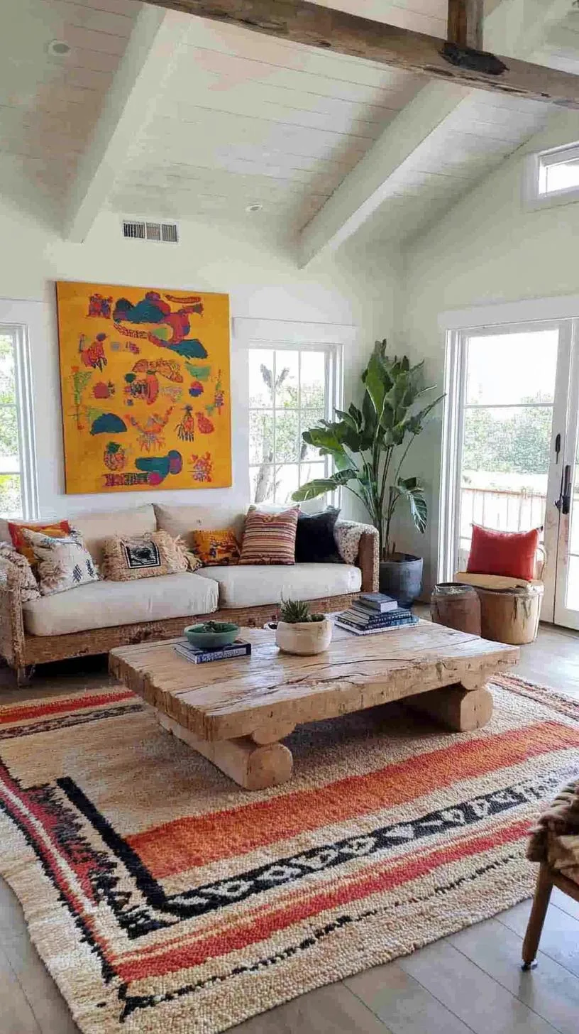 23 Unique Boho Farmhouse Living Room Ideas To Copy 74 23. Artistic Ambiance: Play with different patterns and designs, opting for painted walls depicting abstracts, as well as furniture with carved details-3