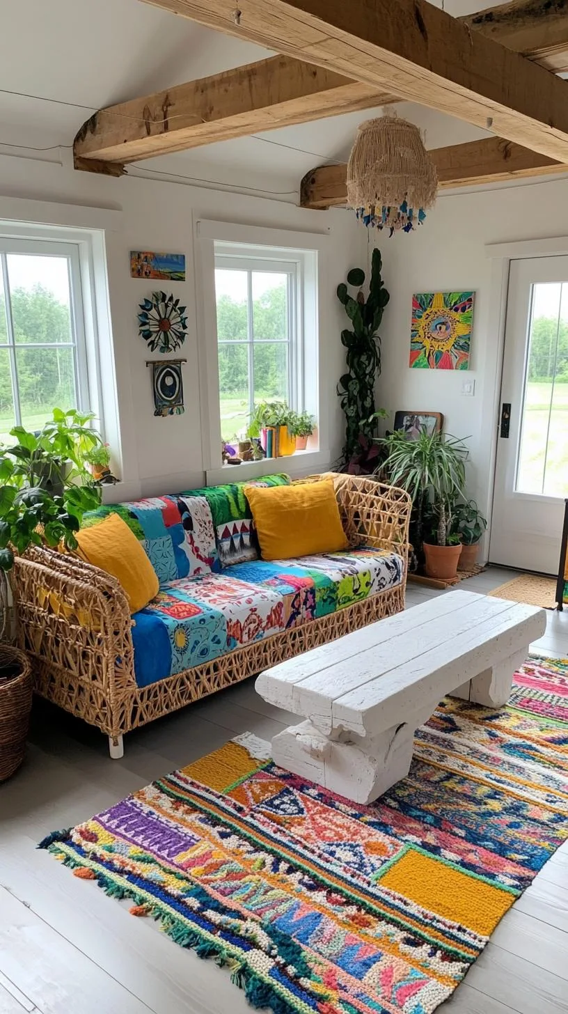 23 Unique Boho Farmhouse Living Room Ideas To Copy 75 23. Artistic Ambiance: Play with different patterns and designs, opting for painted walls depicting abstracts, as well as furniture with carved details-4