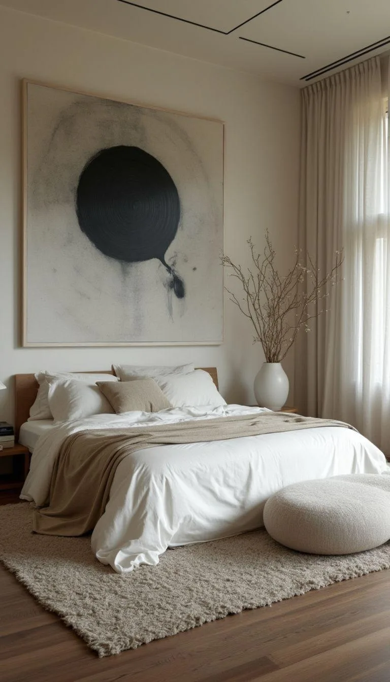 20 New Minimalist Bedroom Ideas to Inspire Your 2025 Refresh 98 17. Artistic Minimalism: Feature one oversized wall piece as the main character in a pared-down room-0
