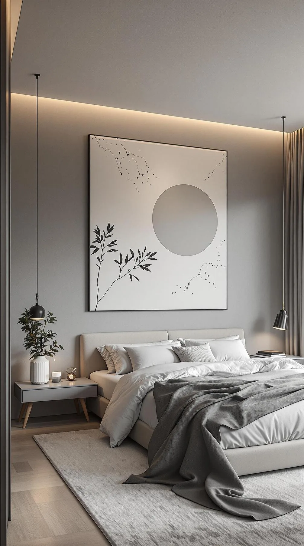 20 New Minimalist Bedroom Ideas to Inspire Your 2025 Refresh 99 17. Artistic Minimalism: Feature one oversized wall piece as the main character in a pared-down room-1