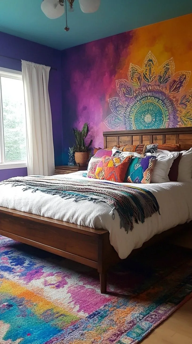 21 Colorful Boho Bedroom Ideas for a Whimsical Hippie Vibe 39 14. Artistic Palette Explosion: Create a mural accent wall featuring a multicolor abstract painting-0