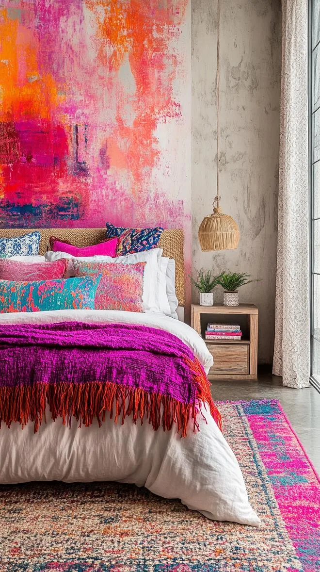 21 Colorful Boho Bedroom Ideas for a Whimsical Hippie Vibe 40 14. Artistic Palette Explosion: Create a mural accent wall featuring a multicolor abstract painting-1