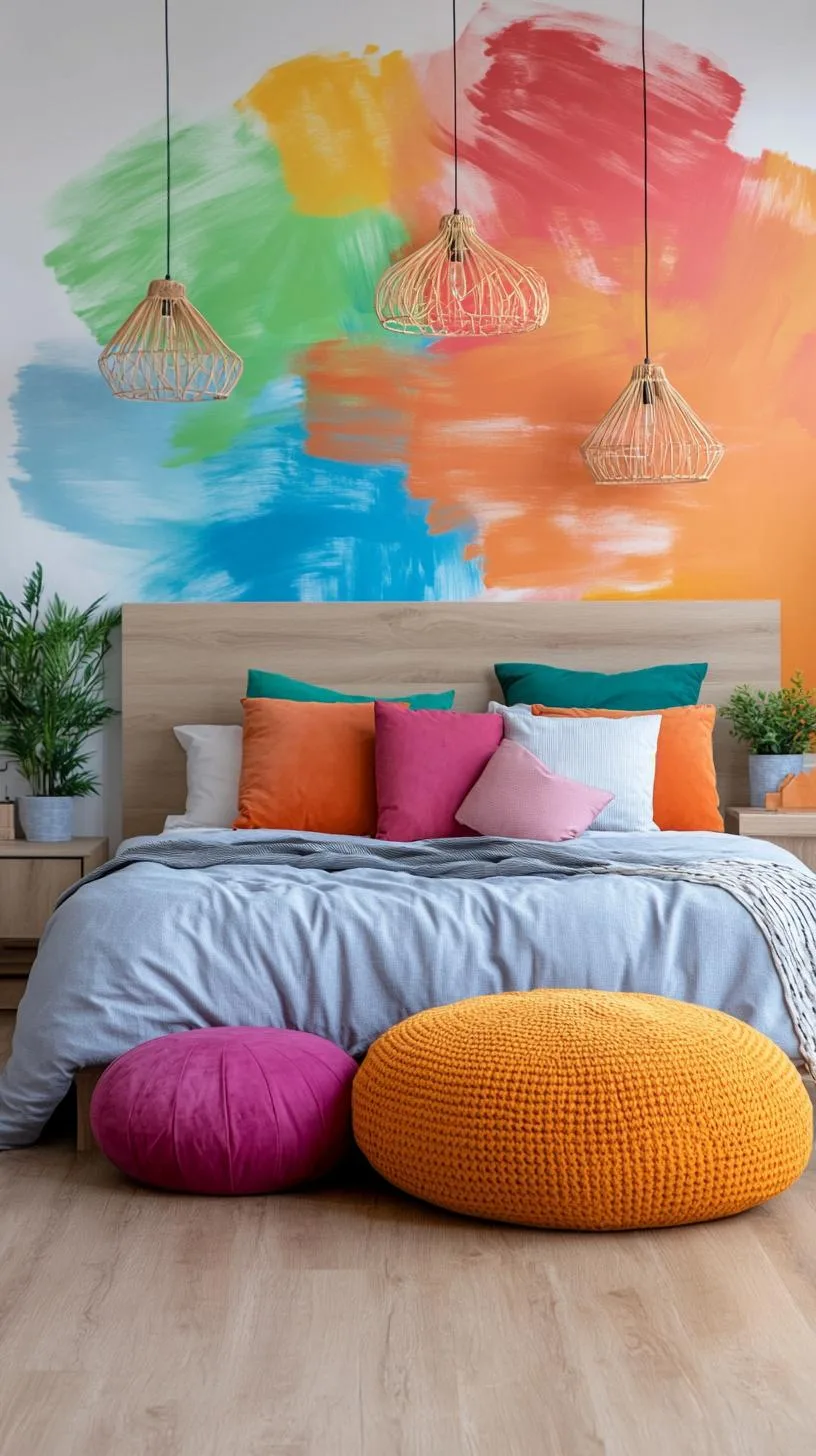 21 Colorful Boho Bedroom Ideas for a Whimsical Hippie Vibe 41 14. Artistic Palette Explosion: Create a mural accent wall featuring a multicolor abstract painting-2