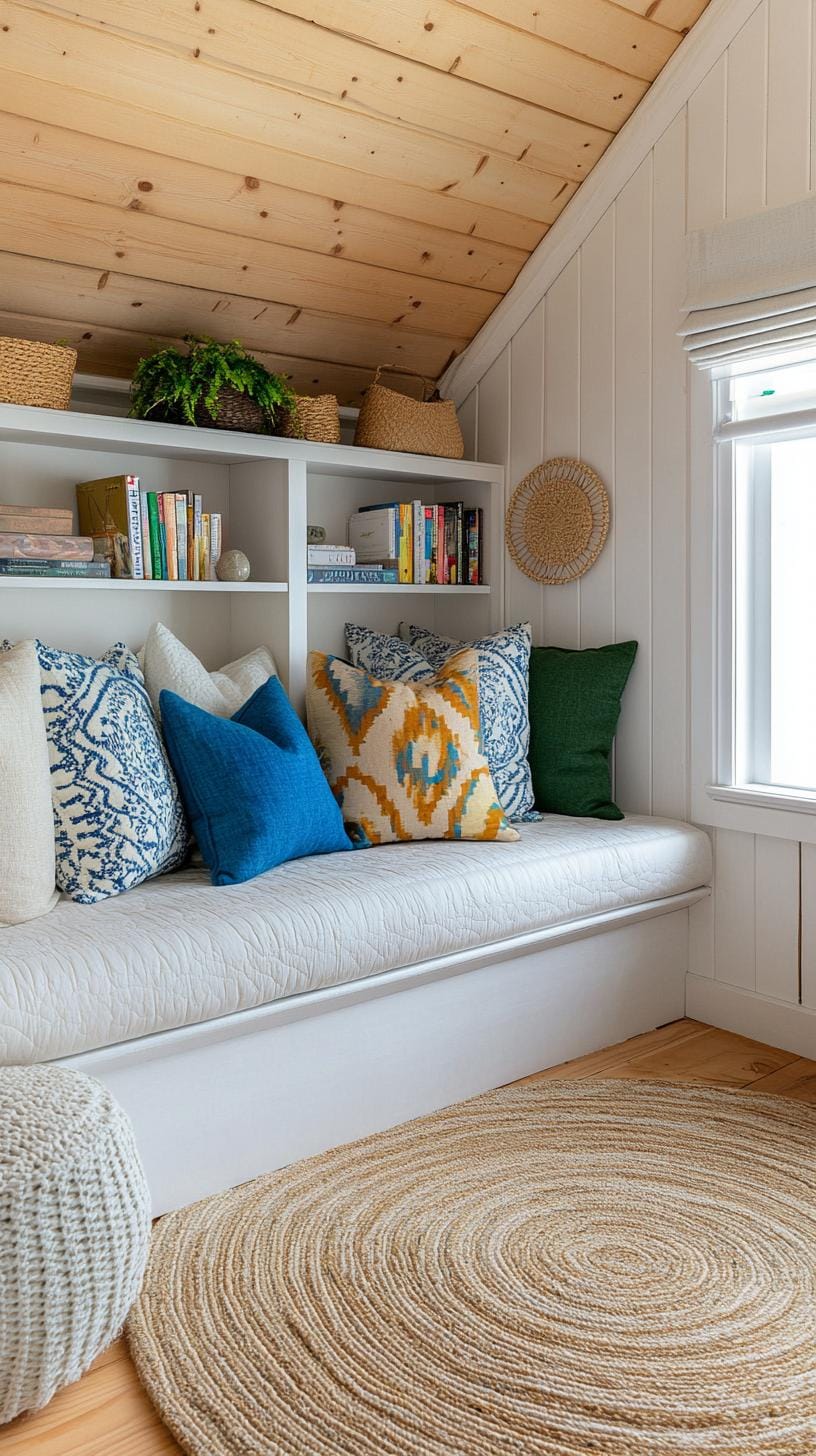 16. Assemble a reading haven with cozy nooks, integrated bookshelves, and soothing neutral hues-2