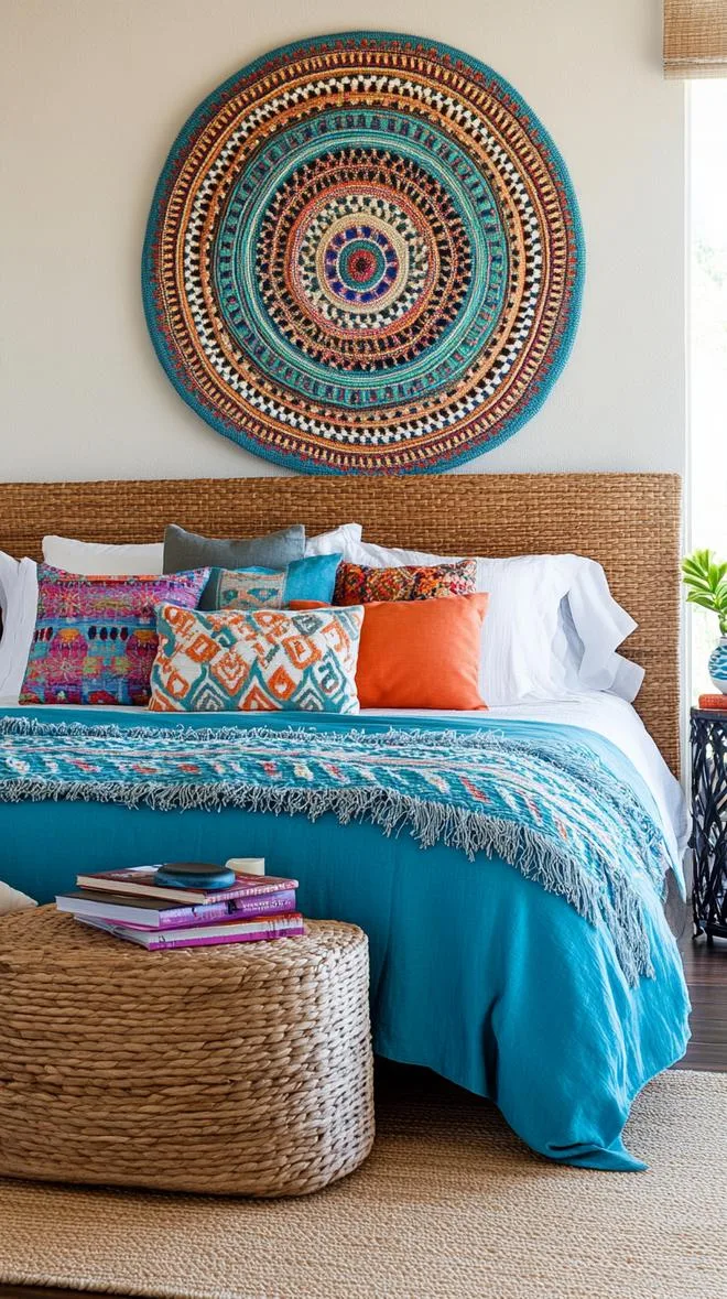 8. Azure Artistry: Blueprint an azure-centric space with dark bamboo flooring and an oversized braided wall tapestry-1