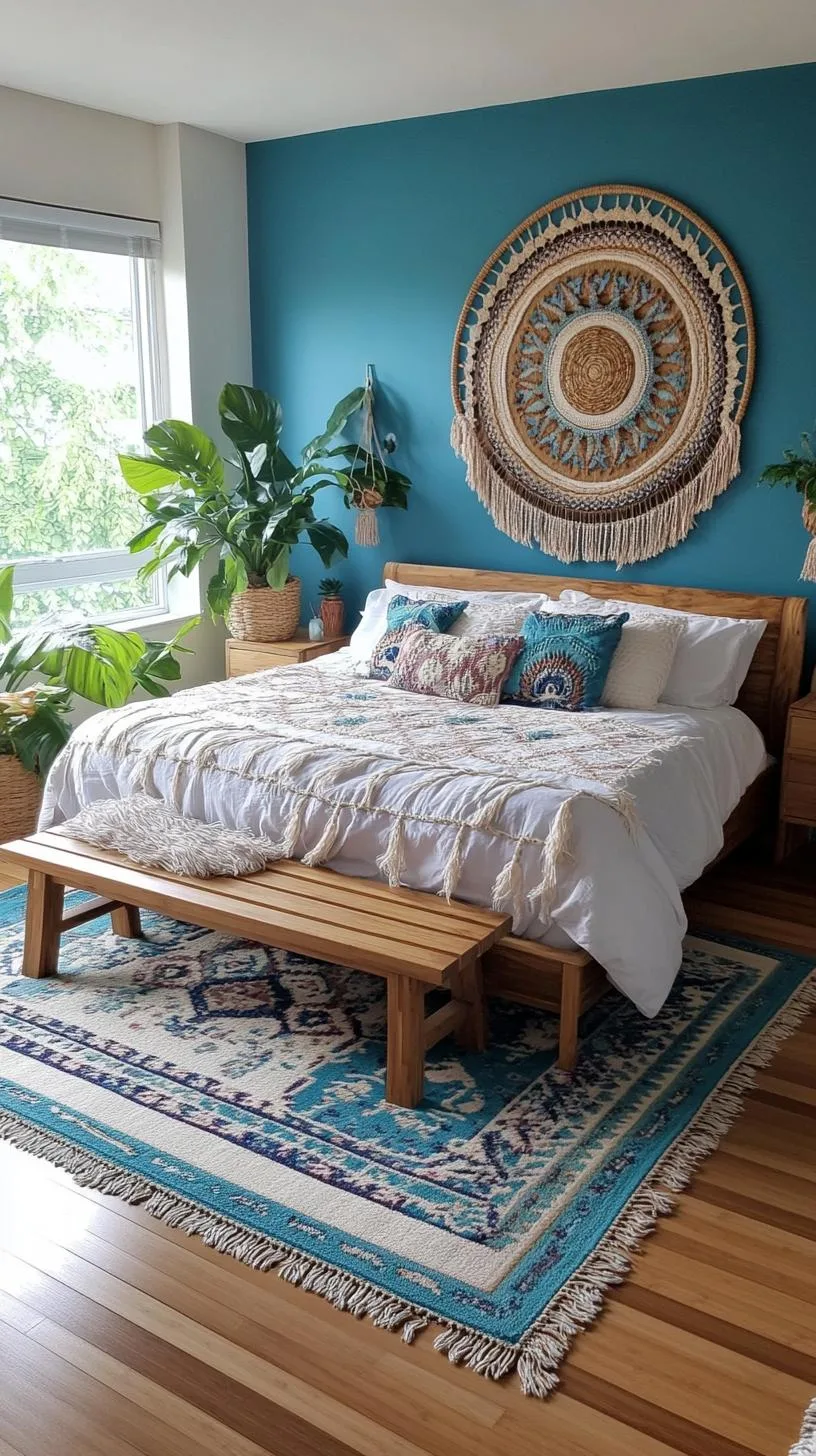 8. Azure Artistry: Blueprint an azure-centric space with dark bamboo flooring and an oversized braided wall tapestry-2