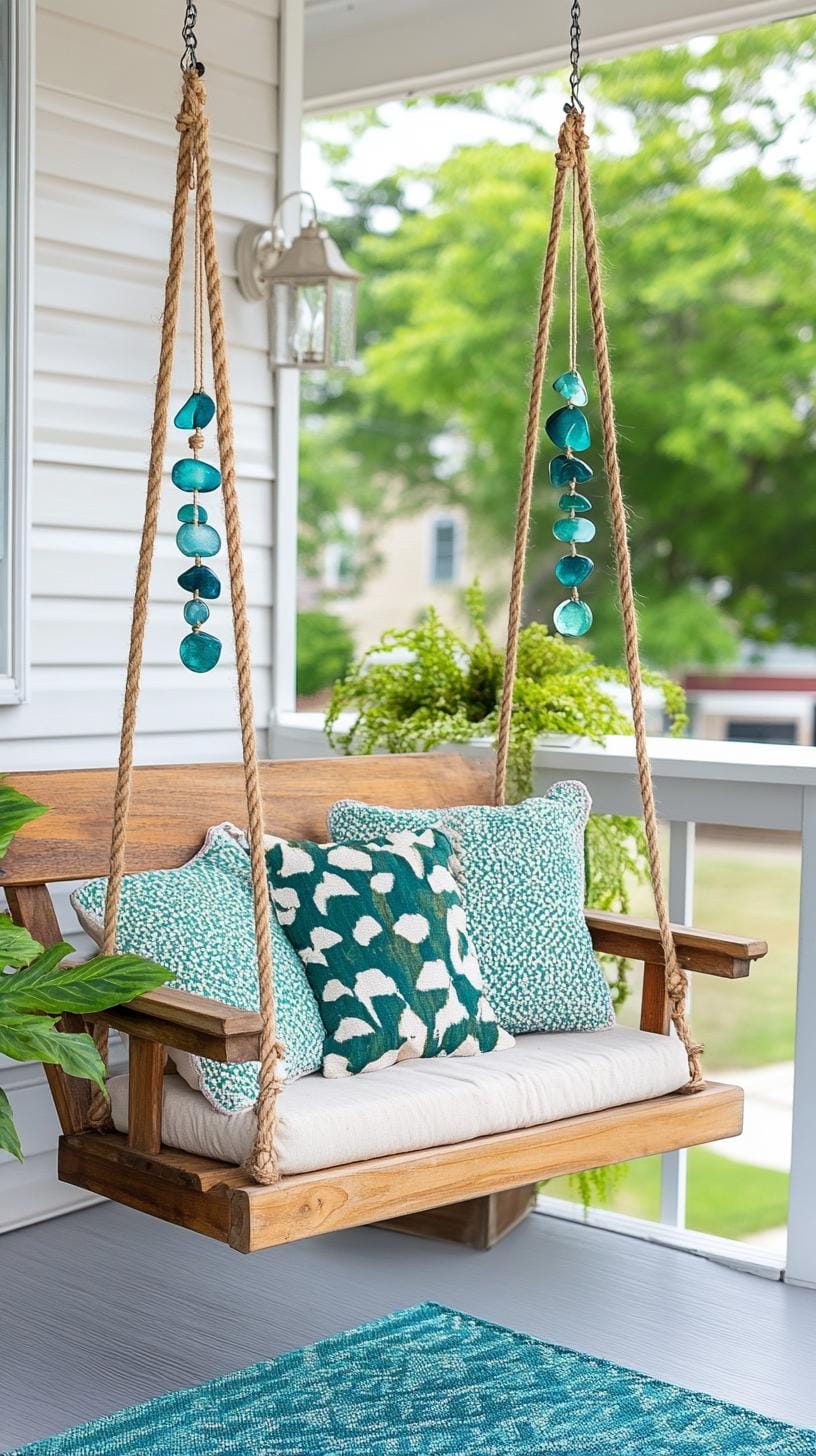 11. Beachy relaxation: Brighten with pastel hues, sea glass wind chimes, and a cozy swing surrounded by sand-colored textiles-0