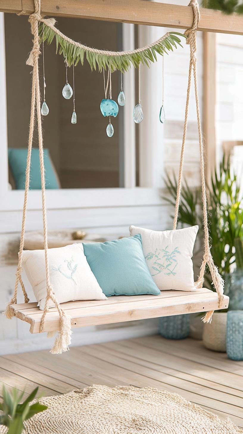 11. Beachy relaxation: Brighten with pastel hues, sea glass wind chimes, and a cozy swing surrounded by sand-colored textiles-1