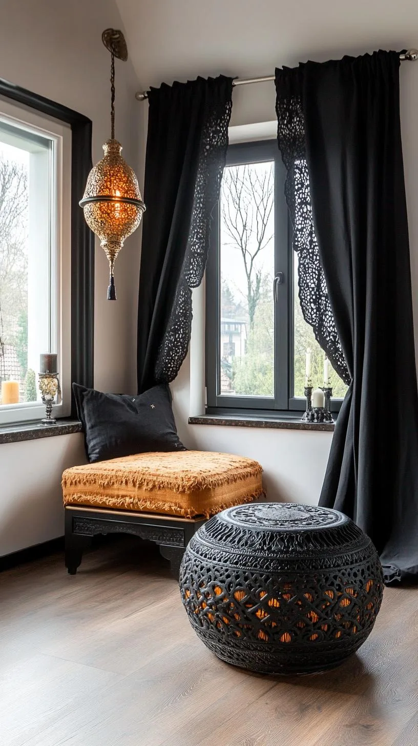 18. Black lace hanging drapes that encircle a sensory corner with incense burners and a loom-embroidered pouf-0
