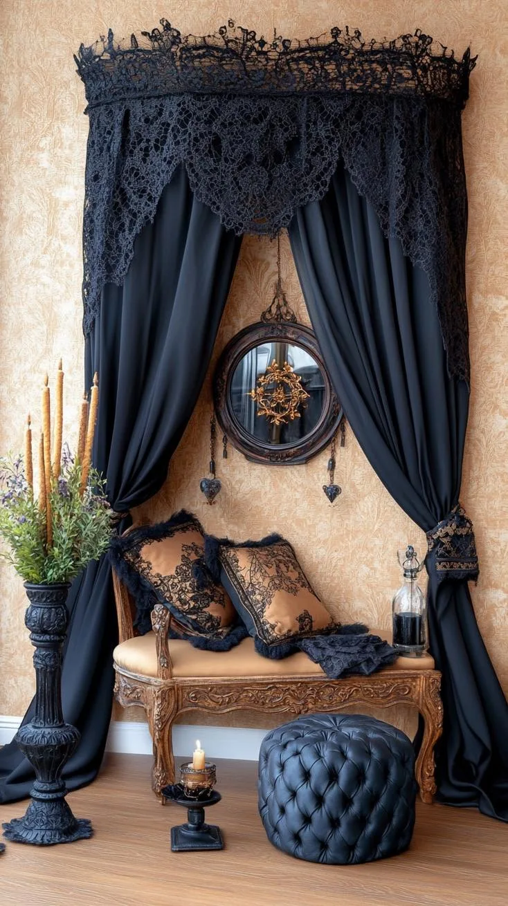18. Black lace hanging drapes that encircle a sensory corner with incense burners and a loom-embroidered pouf-1