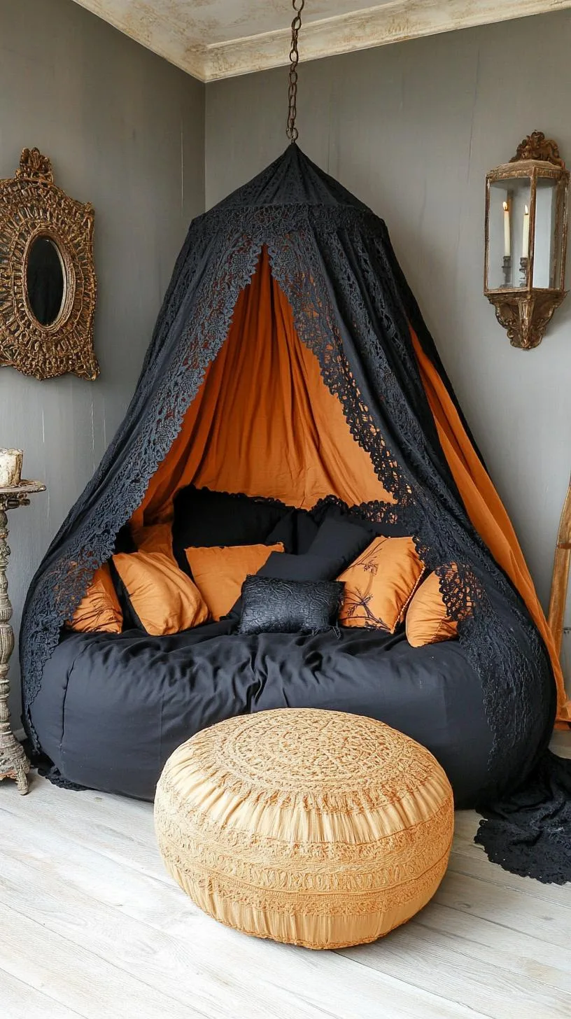 18. Black lace hanging drapes that encircle a sensory corner with incense burners and a loom-embroidered pouf-2