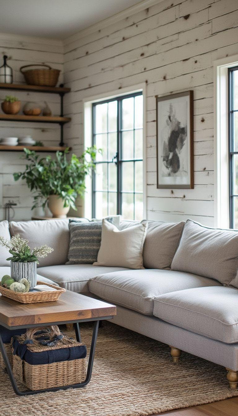 4. Blend functionality and style with a sectional sofa in a soft linen fabric against a backdrop of shiplap walls and industrial piping shelves-0