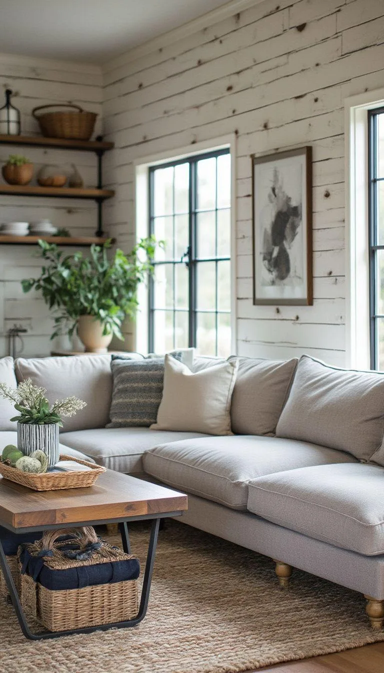 21 Best Industrial Farmhouse Living Room Ideas to Inspire 12 4. Blend functionality and style with a sectional sofa in a soft linen fabric against a backdrop of shiplap walls and industrial piping shelves-0