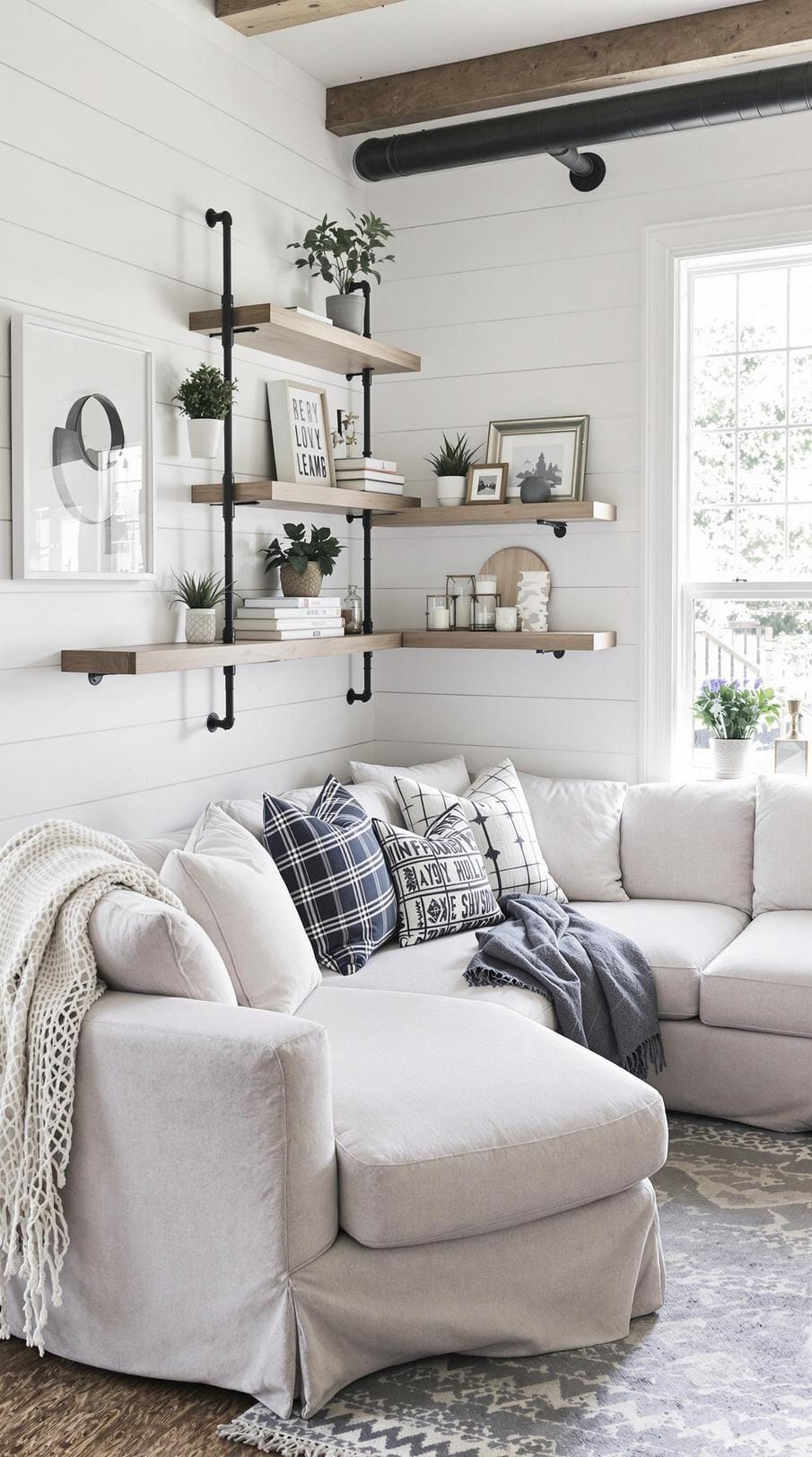 4. Blend functionality and style with a sectional sofa in a soft linen fabric against a backdrop of shiplap walls and industrial piping shelves-1