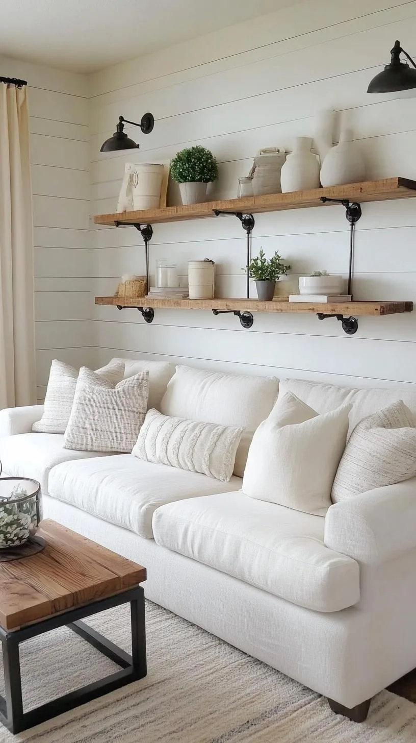 21 Best Industrial Farmhouse Living Room Ideas to Inspire 14 4. Blend functionality and style with a sectional sofa in a soft linen fabric against a backdrop of shiplap walls and industrial piping shelves-2