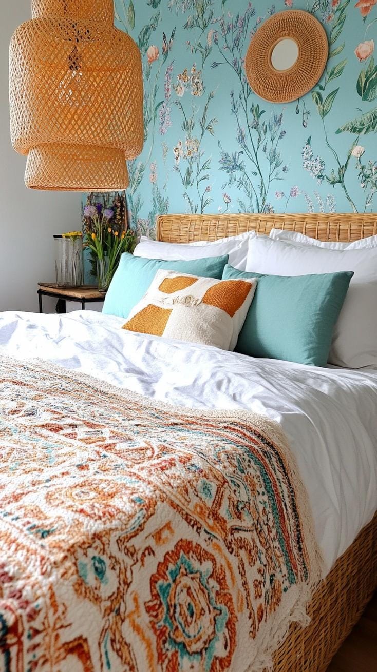 21. Blue Haze Harmony: Build a reflective haze haven with muted blue wallpapers and rich tapestry throws-2