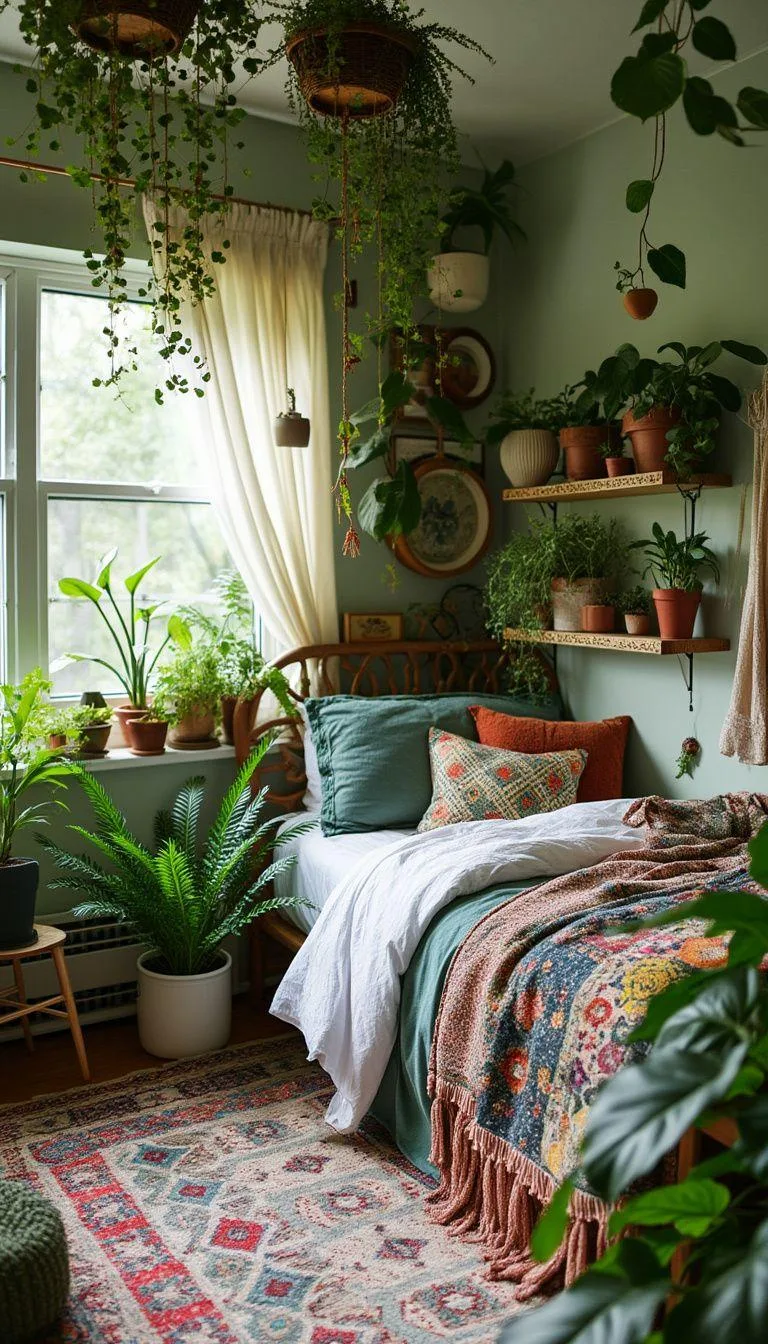 7. Bohemian Green Oasis: Add potted ferns, succulents, and hanging plants throughout to bring nature into the boho aesthetic-0