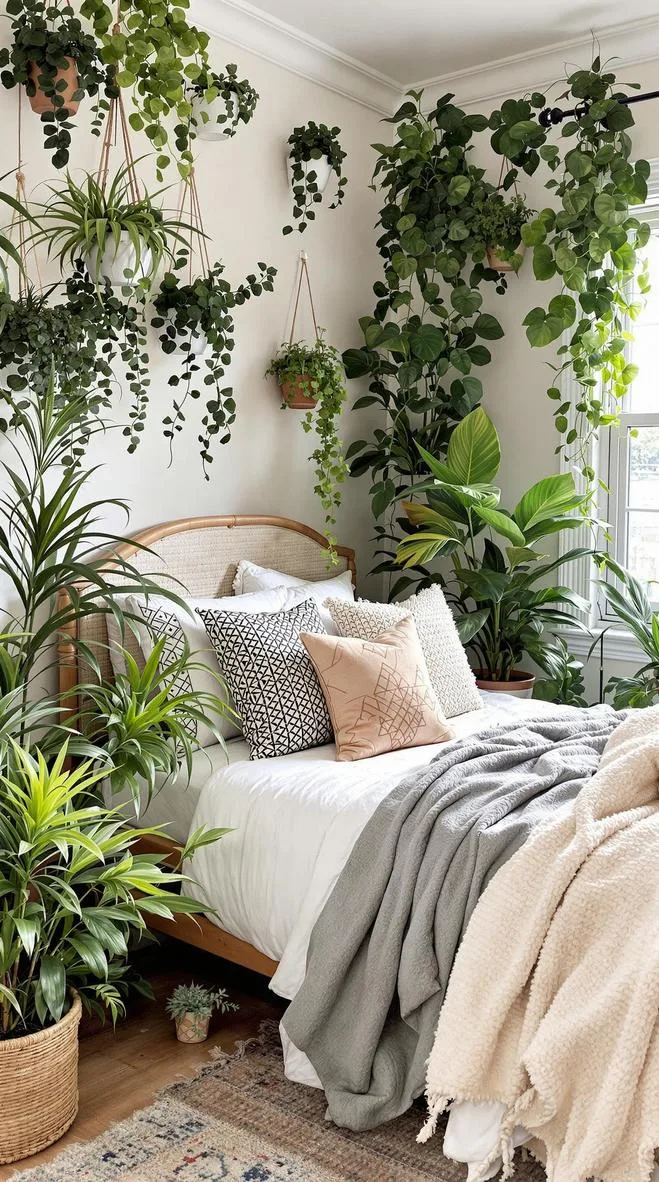 7. Bohemian Green Oasis: Add potted ferns, succulents, and hanging plants throughout to bring nature into the boho aesthetic-1