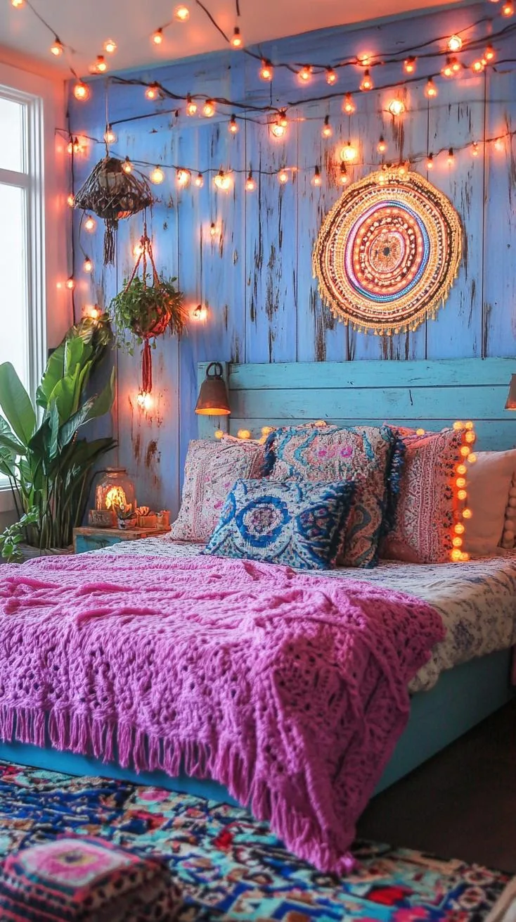 21 Colorful Boho Bedroom Ideas for a Whimsical Hippie Vibe 48 17. Bohemian Neon Festival: Splash neon pinks and blues with festival-inspired string lights and vibrant prints-0
