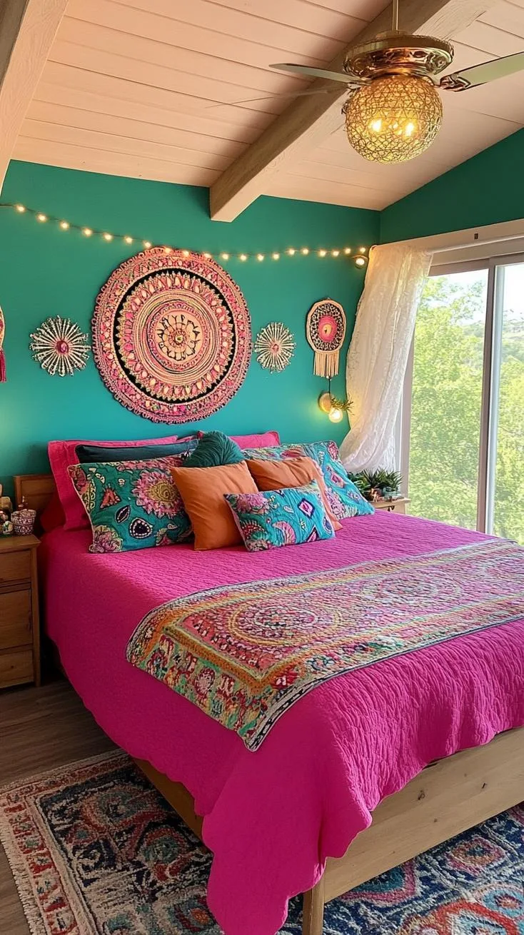 21 Colorful Boho Bedroom Ideas for a Whimsical Hippie Vibe 49 17. Bohemian Neon Festival: Splash neon pinks and blues with festival-inspired string lights and vibrant prints-1