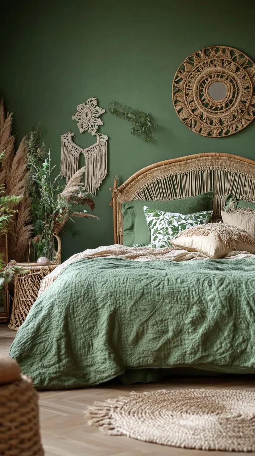 23 Stunning Olive Green Bedroom Ideas You'll Absolutely Love 19 3. Bohemian Olive Green Bedroom with Macramé and Ratan Pieces-0