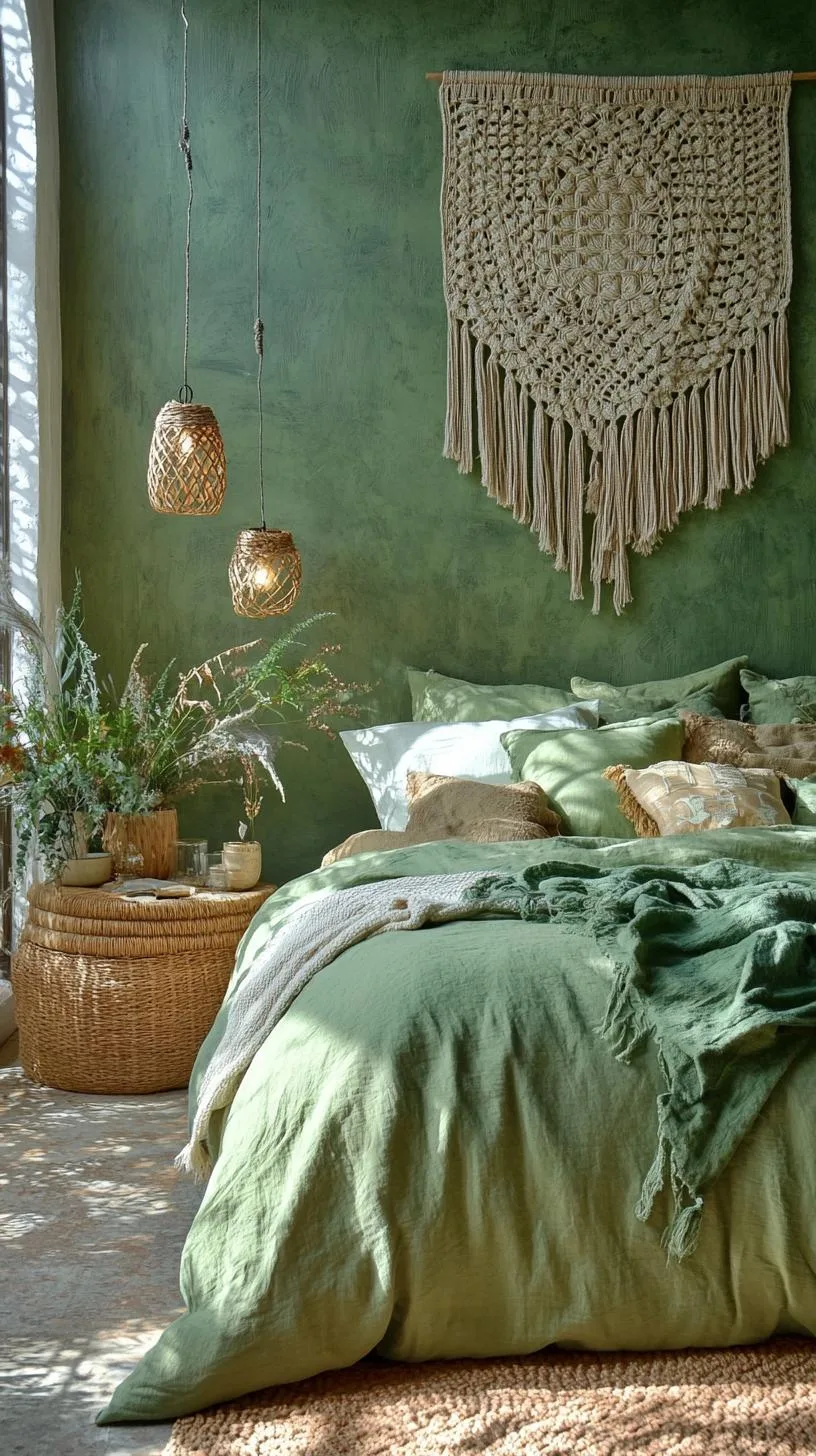 23 Stunning Olive Green Bedroom Ideas You'll Absolutely Love 20 3. Bohemian Olive Green Bedroom with Macramé and Ratan Pieces-1