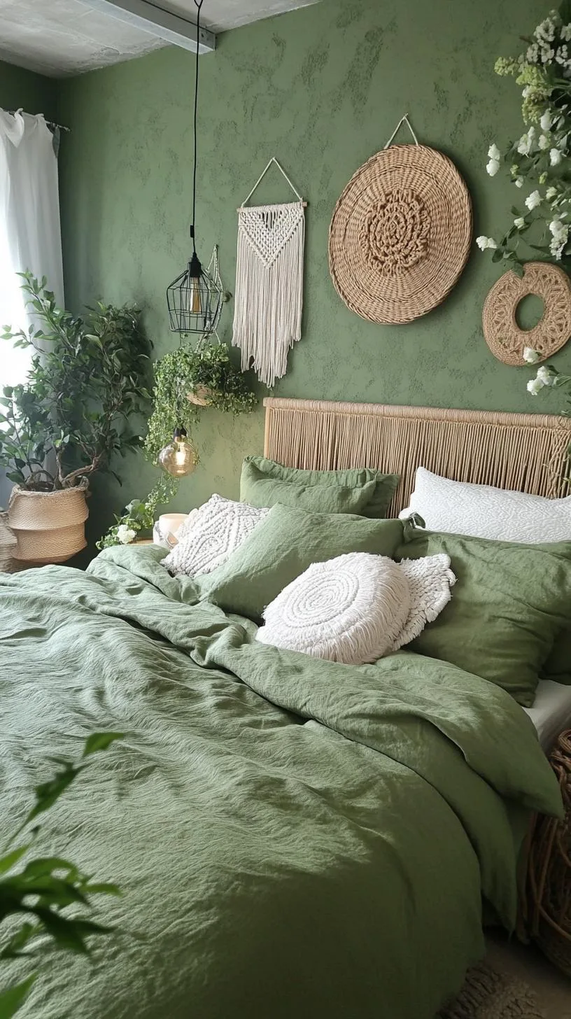 23 Stunning Olive Green Bedroom Ideas You'll Absolutely Love 28 3. Bohemian Olive Green Bedroom with Macramé and Ratan Pieces-3