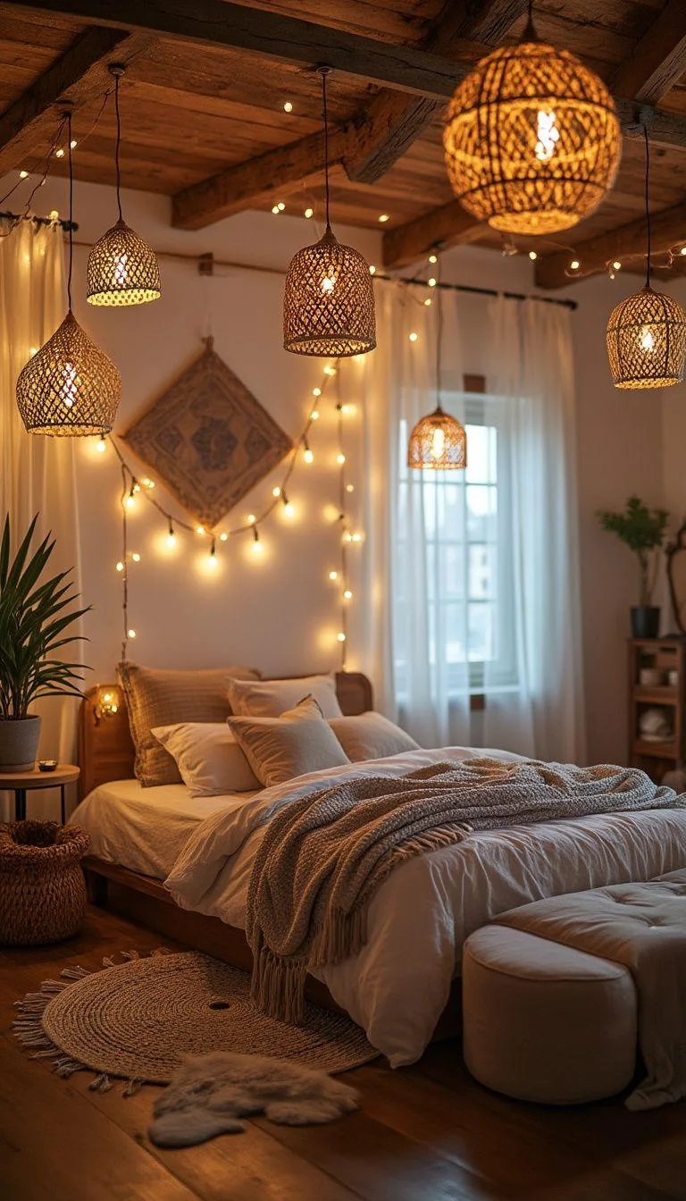 13. Boho Light Fixtures: Opt for rattan or wicker pendant lights and fairy string lights for an ethereal glow-0