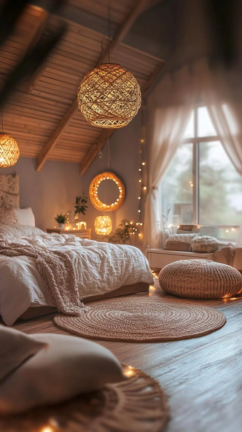 13. Boho Light Fixtures: Opt for rattan or wicker pendant lights and fairy string lights for an ethereal glow-2