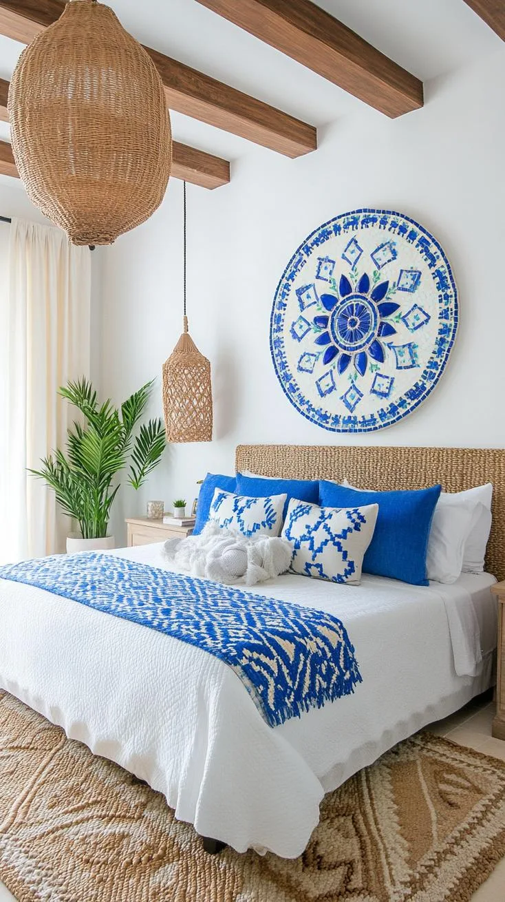 18. Boho Mosaic: Use a craft-style mix of patterned blue tiles and cross-weave fabrics with wooden beams-0