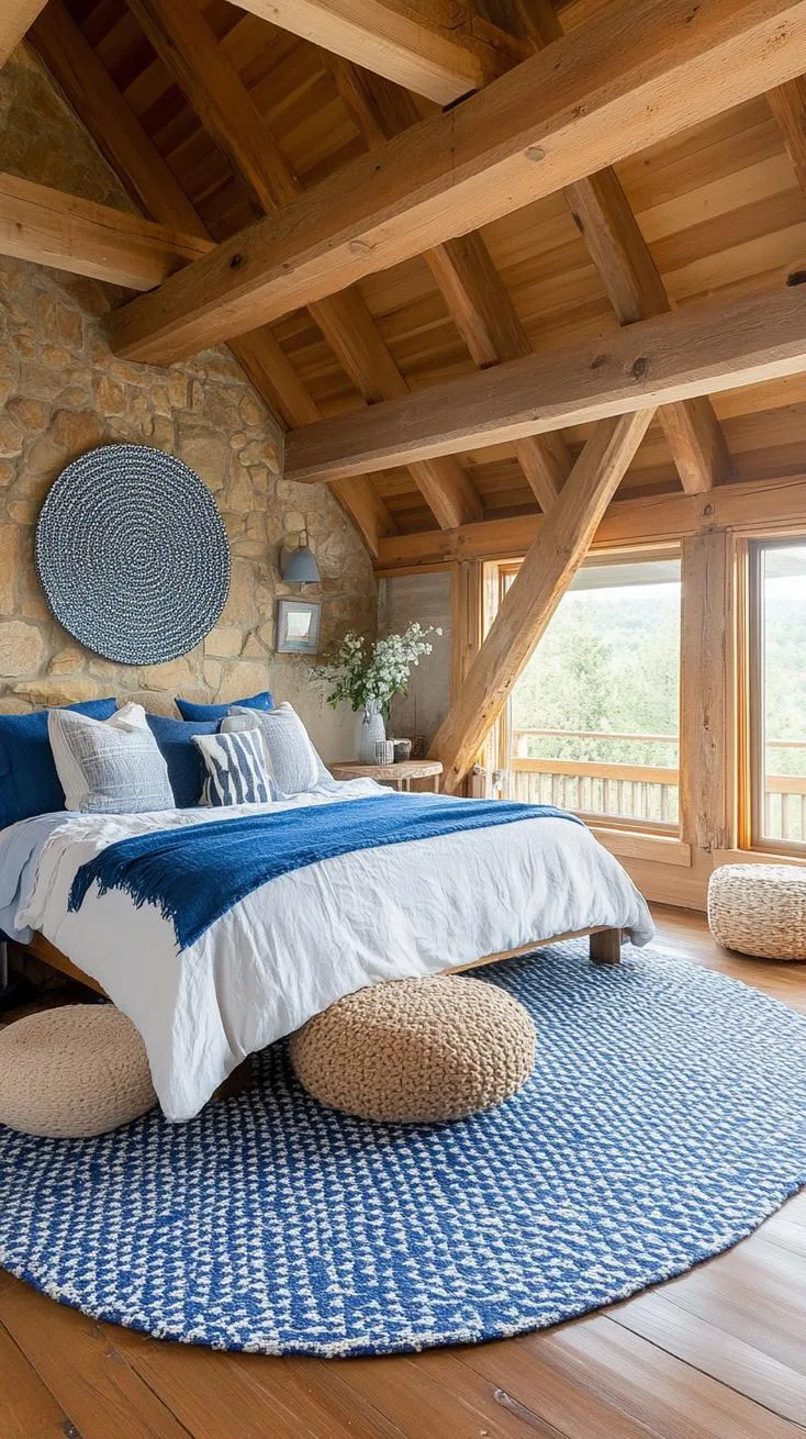 18. Boho Mosaic: Use a craft-style mix of patterned blue tiles and cross-weave fabrics with wooden beams-1