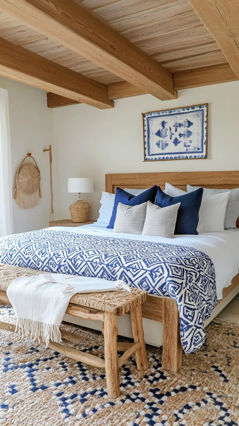 18. Boho Mosaic: Use a craft-style mix of patterned blue tiles and cross-weave fabrics with wooden beams-2